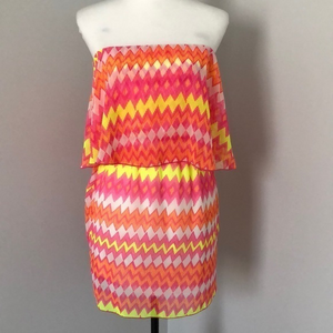 Coveted Pink Orange Yellow Strapless Mini Dress Sz S